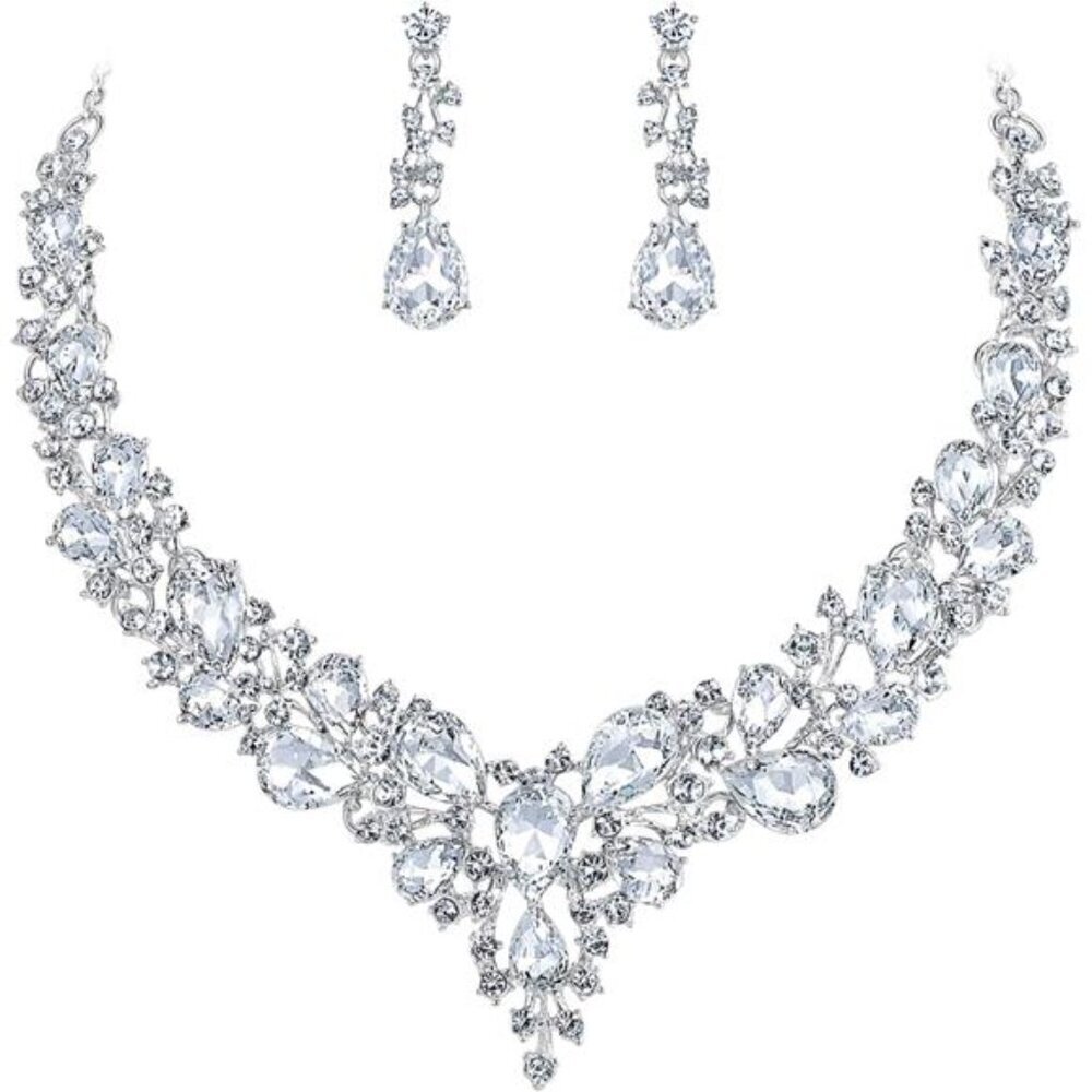 Womens Austrian Crystal Teardrop Statement Necklace & Earrings Set